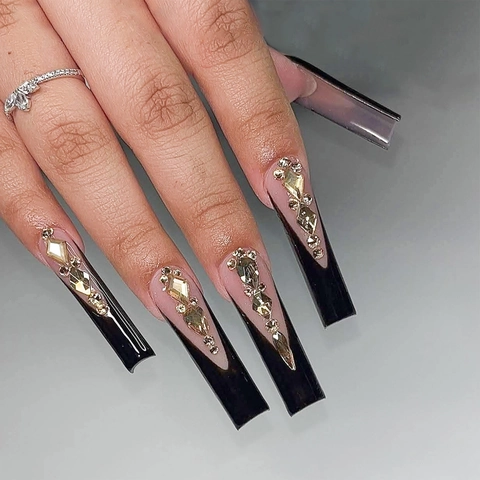Extra Long Square Press On Nails Black French Tip Rhinestone Encrusted Fashion False Finger Nails For Women