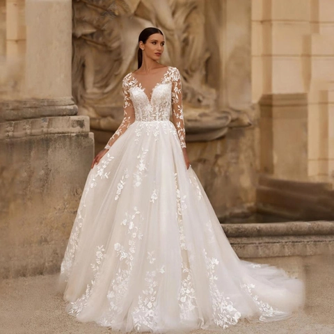 Elegante Trouwjurk Met Lange Mouwen Kant V-Hals Bloemenappliques Tule A-Lijn Bruidsjurk Met Lange Sleep