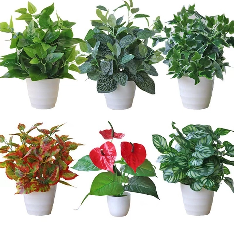 Artificial Potted Plants Faux Greenery Plastic Pothos Anthurium Peperomia Fake Foliage Minimalist Pot Desktop Indoor Home Decor
