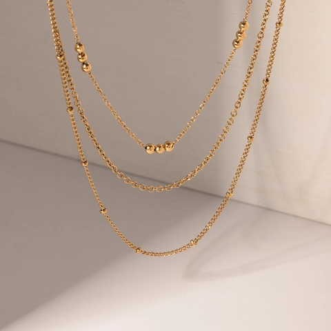 Collier Multi Rangs Plaqué Or 18K Acier Inoxydable Petites Perles Chaîne Délicate Bijoux Mode Femme Anti Ternissement