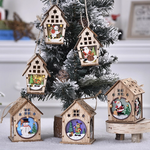 LED Luminous Christmas Wooden House Hanging Ornaments DIY Laser Cut Wood Cabin Santa Snowman Reindeer Holiday Decor