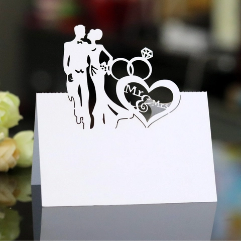 Marque-places de Mariage Découpés au Laser Cœur Mr & Mrs Silhouette Papier Nacré Cartes de Nom de Table pour Fête Banquet Décoration de Cérémonie de Mariage