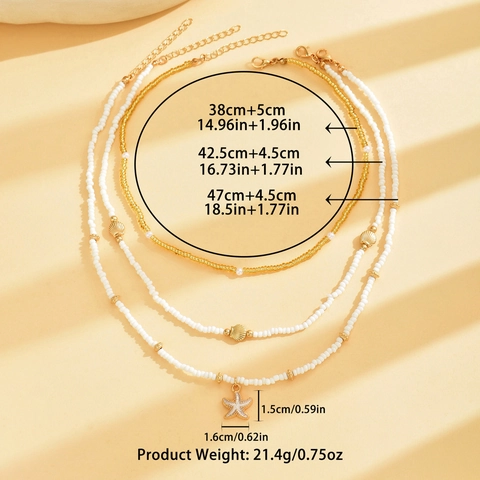 Bohemian 3-laags Rijstkralen Ketting Set Met Legering Goud Zeester Schelp Hanger Zomer Strand Sieraden Voor Dames Zaadkraal Choker Meerlagige Mode Vakantie Accessoires