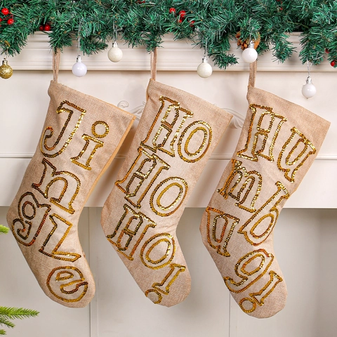 Christmas Stocking Linen Burlap With Gold Sequin Letters For Xmas Tree Hanging Gift Candy Bag Holiday Festive Decor