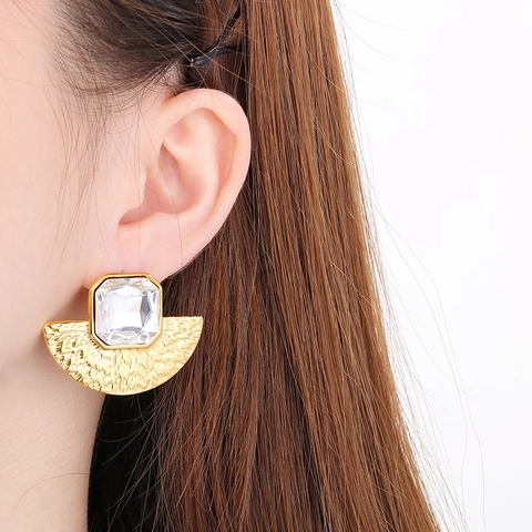 Pendientes De Botón Abanico Vintage Acero Inoxidable Chapado En Oro 18K Zirconia Cúbica Textura Martillada Joyería