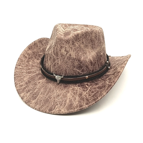 Cappello Da Cowboy Occidentale Ecopelle Invecchiata Tesa Larga Teschio Di Toro Metallo Decor Jazz Retro Unisex