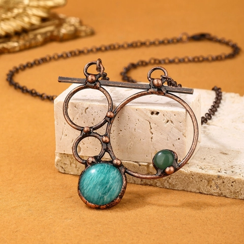 Vintage Geometric Pendant Necklace Natural Labradorite Amazonite Antique Copper Ethnic Boho Jewelry Gift For Women