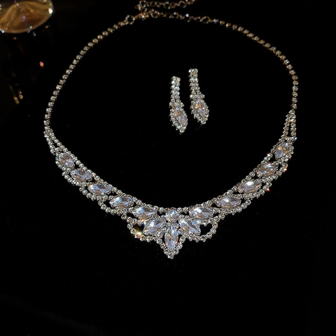 Conjunto Joyas Gota Agua Diamantes Imitación Collar Y Pendientes Aleación Color Plata Lujo Boda Fiesta Accesorios Mujer
