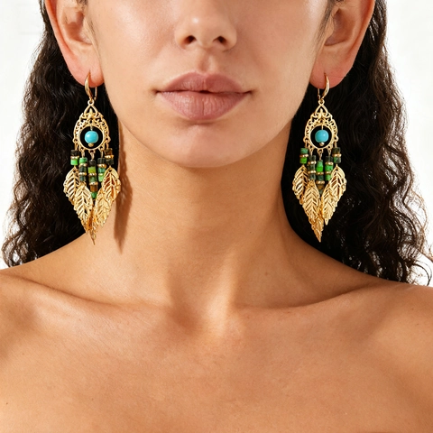 Boucles D'oreilles Pendantes Bohèmes En Cuivre Avec Perles En Pierre Turquoise Et Pendentifs Feuilles Pour Femmes