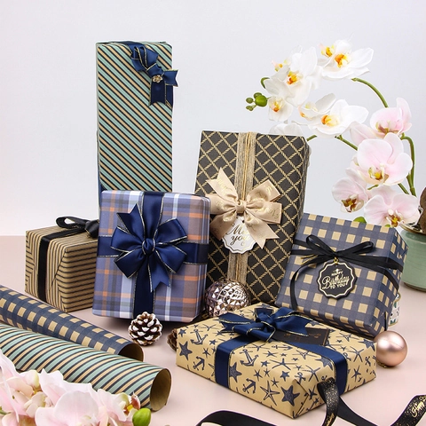 Retro Kraft Gift Wrapping Paper Plaid Stripe Nautical Wave Pattern Double Sided Printed For Birthday Valentines Day DIY