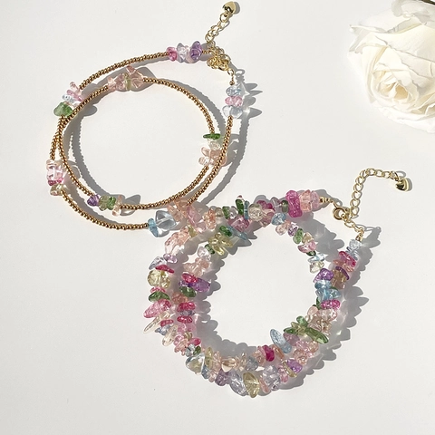 Bohemian Colorful Crystal Crushed Stone Pendant Necklace For Women Alloy Heart Lockbone Chain Summer Beach Fashion Jewelry