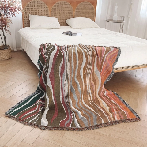 Bohemian Cotton Knitted Throw Blanket Wave Pattern Fringe Tassels Sofa Couch Cover Decorative Tapestry Outdoor Camping Wrap