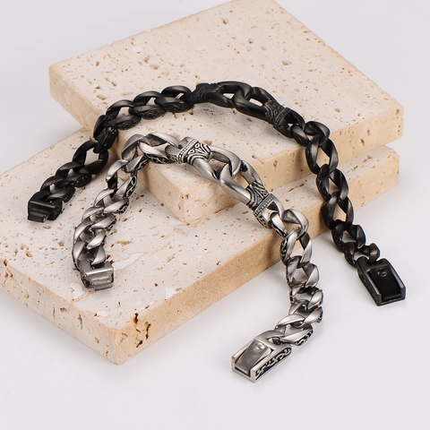 Pulsera Retro Para Hombre De Acero Inoxidable 304 Tótem Gótico Tallado Cadena De Eslabones Cubanos Pulido Vintage Punk Joyería
