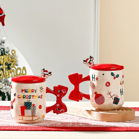 Tazza Di Natale In Ceramica Con Cucchiaio Di Renna E Coperchio Con Manico A Fiocco Rosso Babbo Natale Pupazzo Di Neve