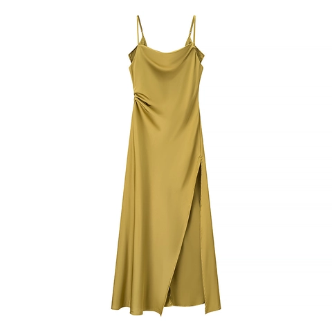 Elegante Satijnen Maxi Slipjurk Watervalhals Zijsplit Rugloos Avondfeest Formeel Spaghettibandjes Sexy Voor Dames