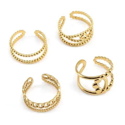 Adjustable Open Rings For Women Stainless Steel 18K Gold Plated Geometric Hollow Out Beaded Minimalist Finger Jewelry