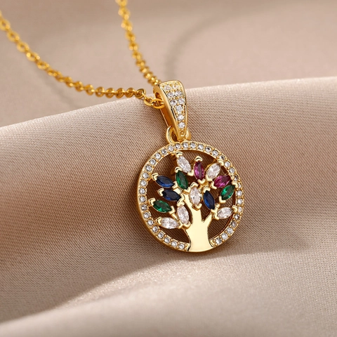 Collana Con Pendente in Rame Zirconia Albero Della Vita Malocchio Cuore Elefante Gioielli Pendolari Galvanizzati per Donna