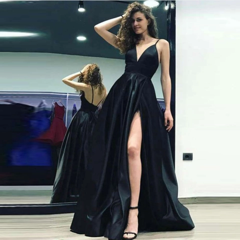 Sexy Deep V Neck Satin Evening Dress Spaghetti Strap Backless High Slit Long Formal Party Gown For Women