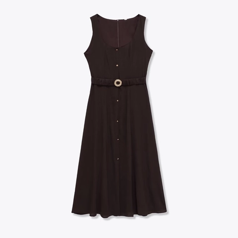 Elegantes Ärmelloses Midi-Kleid Mit Eckigem Ausschnitt Azetat-Satin Einfarbig Mit Gürtel Und Knopfleiste Für Damen