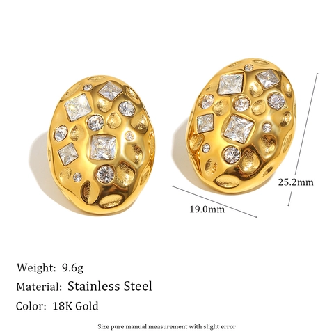 Oval Hammered Stud Earrings Stainless Steel 18K Gold Plated Luxury Cubic Zirconia Vintage Style Jewelry For Women