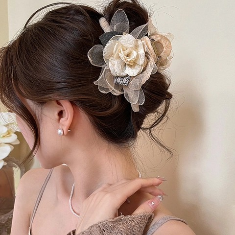 Grande Pince À Cheveux Fleur Rose En Maille Élégante Pince À Cheveux En Organza Style Rétro Français Accessoires Pour Femmes