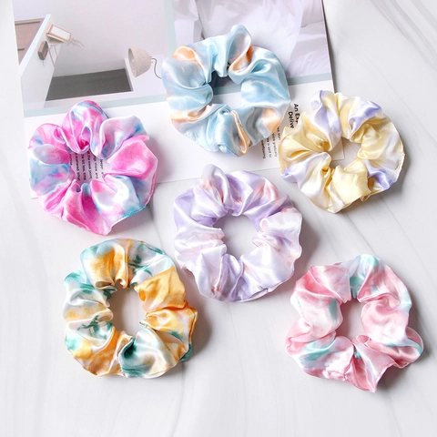 Tie Dye Satin Scrunchies Satin Like Elastic Hair Ties Colorful Aesthetic Ponytail Holders For Women Girls