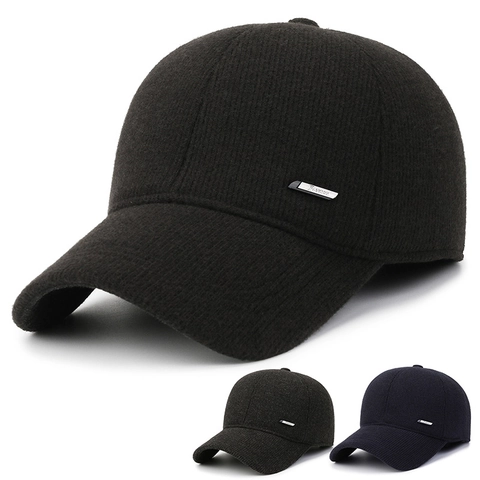 Men Winter Baseball Cap With Ear Protection Thickened Warm Woolen Like Fabric Peaked Hat Solid Color Outdoor
