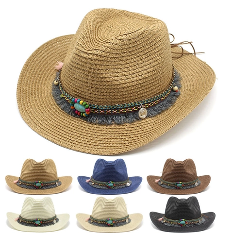 Western Straw Cowboy Hat With Turquoise Beads Ethnic Band Tassel Summer Sun Beach Wide Brim Hat For Men Women
