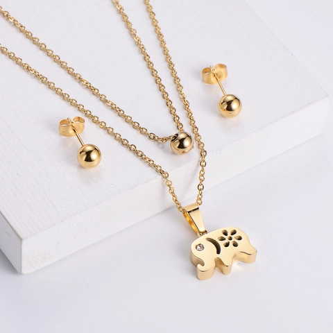Collana Con Ciondolo A Elefante A Doppio Strato In Acciaio Inossidabile E Orecchini A Lobo Con Perle E Strass Per Donna