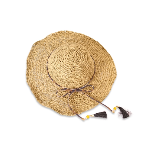 Cappello Da Sole In Paglia A Tesa Larga Da Donna Spiaggia Estate Nastro Leopardato Nappina Perline Protezione UV Pieghevole