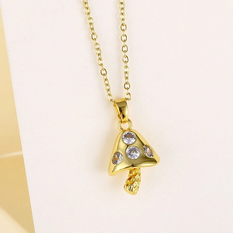 Collar Con Colgante De Champiñón Acero Inoxidable Chapado En Oro Al Vacío Con Circonita Joyería De Moda Para Mujer