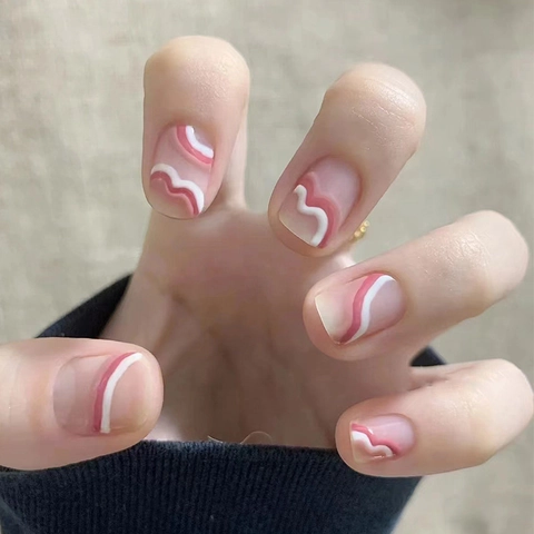 Short Square Press On Nails Pink White Wavy Abstract Design Translucent Elegant Simple False Fingernails For Women