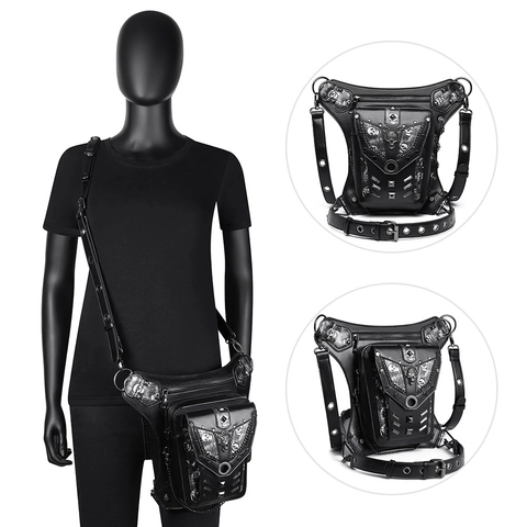 Punk Leg Bag PU Leather Skull Metal Rivet Chain Gothic Steampunk Motorbike Waist Pack For Women And Men
