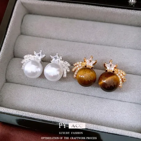 Elegant Star Wing Ear Studs With Silver Earring Post 18K Gold Plated Tiger Eye Stone White Artificial Pearl Zircon For Women