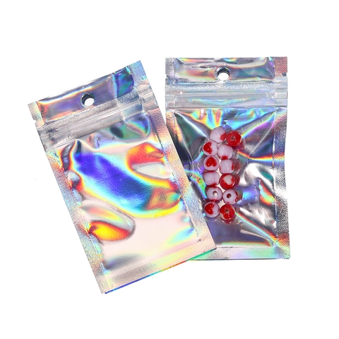 Holographic Laser Silver Resealable Ziplock Packaging Bags PVC Rainbow Reflective Jewelry Gift Storage Display