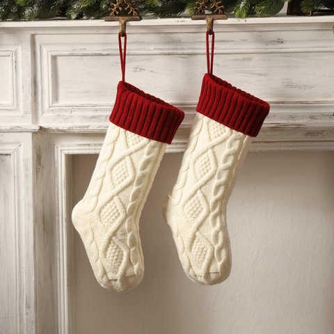 Calza Di Natale A Maglia Acrilico Trecce Motivo Diamante Grande Decorazione Camino Sacchetto Regalo Appeso