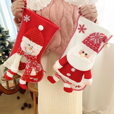 Weihnachtsstrumpf Geschenktüte Gestrickt Plüsch 3D Weihnachtsmann Schneemann Schneeflocke Stickerei Festliche Dekoration
