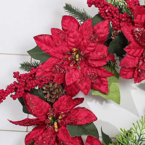 Artificial Christmas Wreath With Red Poinsettia Berries Pine Cones For Front Door Holiday Home Decor Ornament