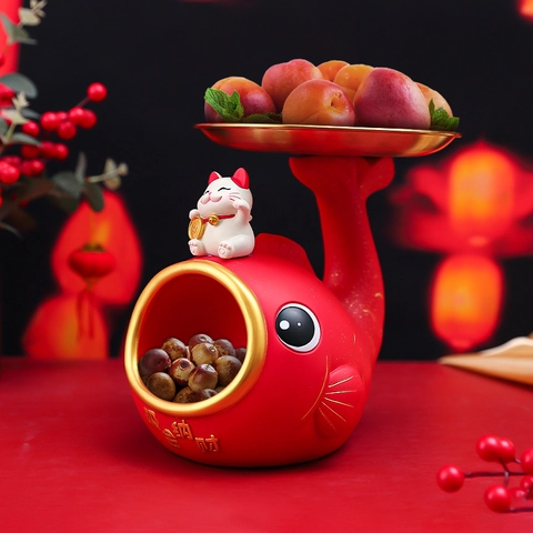 Lucky Koi Fish Fortune Cat Resin Storage Tray Ornament Desk Key Jewelry Snack Organizer Modern Feng Shui Home Decoration