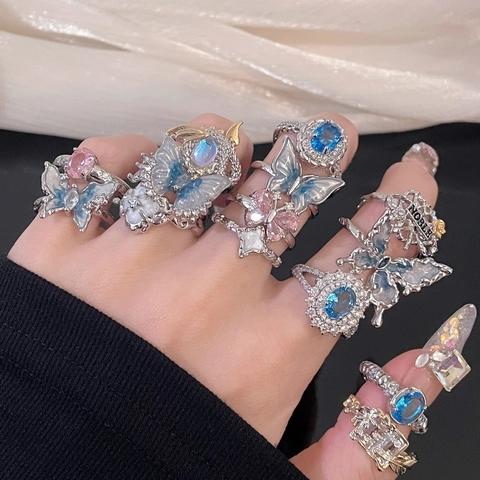 Französischer Luxus Schmetterling Strass Offener Ring Für Damen Eleganter Kupfer Emailliert Verstellbarer Fingerring Cool Stil Schmuck