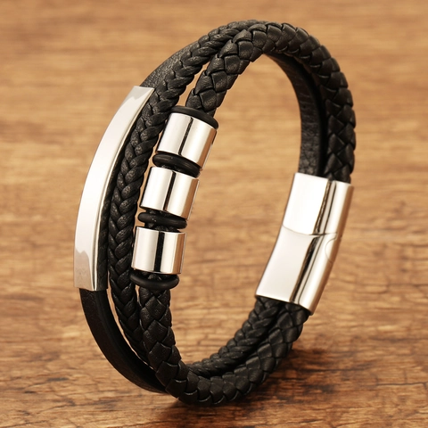 Bracciale Multistrato In Pelle Intrecciata Da Uomo Con Chiusura Magnetica In Acciaio Inossidabile Perline Punk