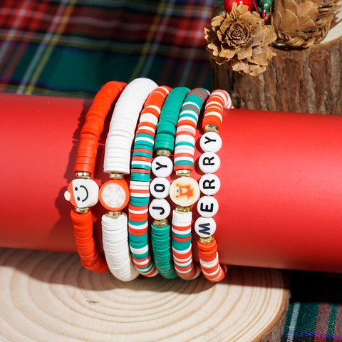 Weihnachten Perlen Armbänder Weihnachtsmann Schneemann Schneeflocke Polymer-Ton Heishi Perlen MERRY JOY HOLLY Buchstaben Armbänder Für Damen Mädchen Schmuck