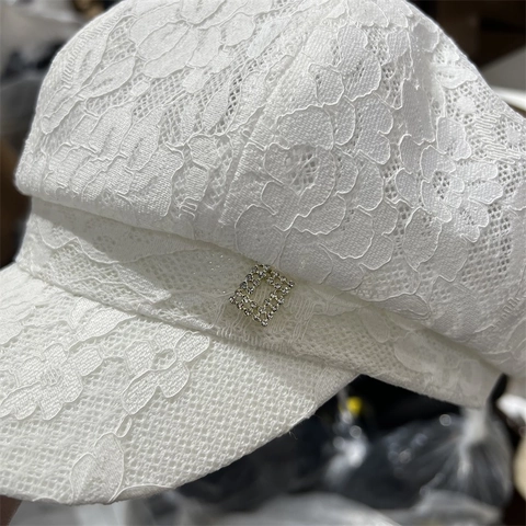 Vintage Lace Newsboy Cap Breathable Hollow Octagonal Hat With Rhinestone Buckle Sun Protection For Women