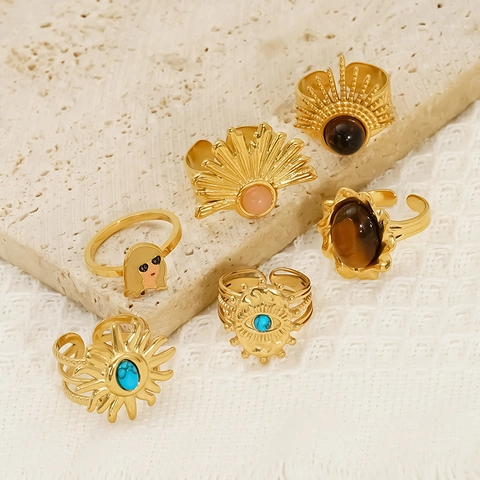 Anillo De Acero Inoxidable Chapado En Oro De 18K Estilo Bohemio Retro Para Mujer Con Piedra Ojo De Gato Turquesa Joyería