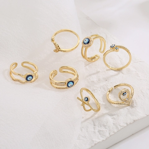 Anillo Abierto De Ojo Turco Cobre Chapado En Oro De 18K Esmalte Circón Joyería Bohemia Ajustable Mujer