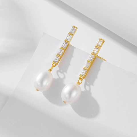 Pendientes Colgantes De Perlas De Agua Dulce Con Poste De Plata De Ley 925 E Incrustaciones De Circón Joyería Elegante