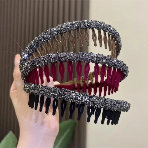 Elegant Rhinestone Flocking Headband With Teeth Non-Slip Hair Hoop French Style Thin Hair Accessories For Women