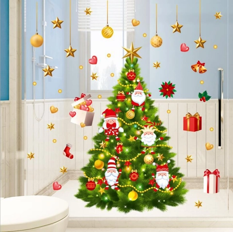 Christmas Tree Wall Sticker Removable PVC Decal Santa Claus Window Cling Festival Home Decoration Waterproof Mural