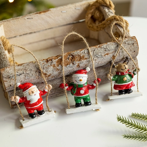 Addobbo Albero Di Natale Resina Babbo Natale Pupazzo Di Neve Renna Altalena Base Legno Corda Canapa Decorazione Casa