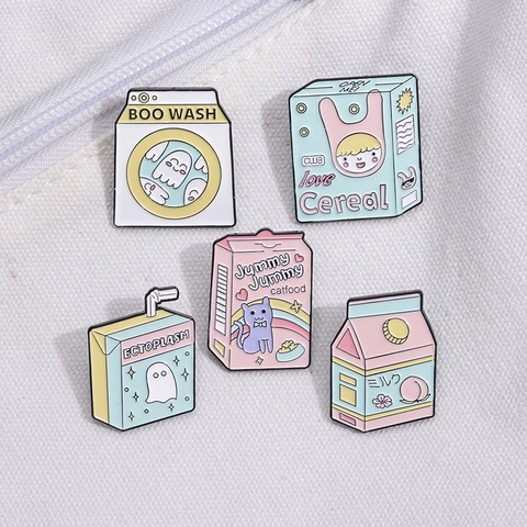 Juego de Broches de Esmalte de Dibujos Animados Creativos Linda Caja de Leche Comida de Gato Lavadora de Fantasmas Insignias de Aleación de Zinc para Ropa Mochila
